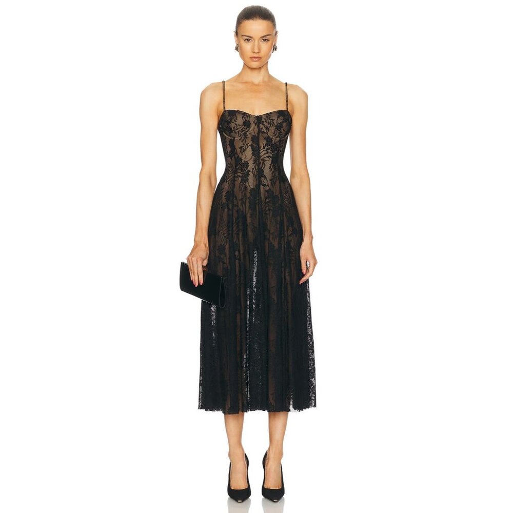 Norma Kamali Underwire Midcalf Dress Bodysuit Black Stretch Lace Nude